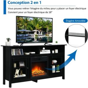 Meuble TV Noir brillant 190x49x37cm Avec Cheminée chauffante intégrée ROXA  à poser
