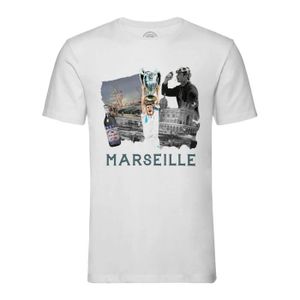 T-SHIRT T-shirt Homme Col Rond Blanc Marseille Collage France Ville Pastis OM