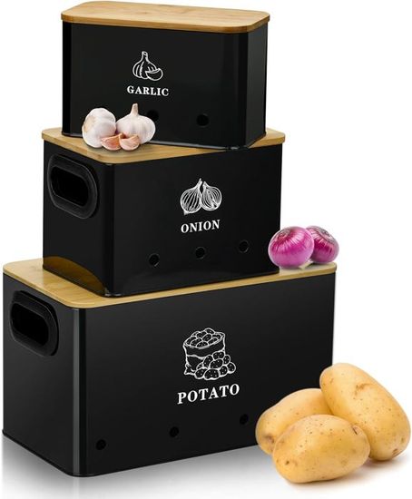 Lot de 3 boite de rangement pomme de terre bocaux rangement cusine des oignons (noir Lot de 3 boite de rangement pomme de terre bocaux rangement cusine des oignons (noir
