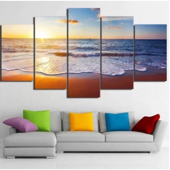 Tableau 5 Pièces One Piece The Thousand Sunny - Impression Toile Encadrée - Déco Murale Anime - Dimensions 150x80 Cm