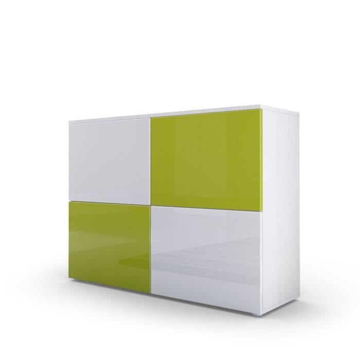 Commode design avec le corps mat blanc et façades laquées bicolores blanches et vertes claires