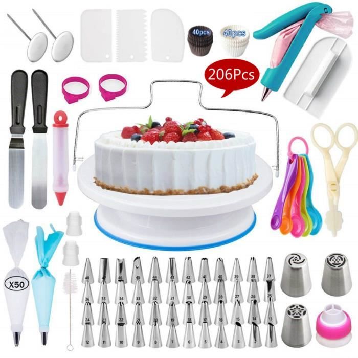 Plateau Tournant De Gâteau, Kit De Pâtisserie Plateau Tournant De Gâteau Professionnel Ustensiles Kit, Seringue Patisserie -206Pcs