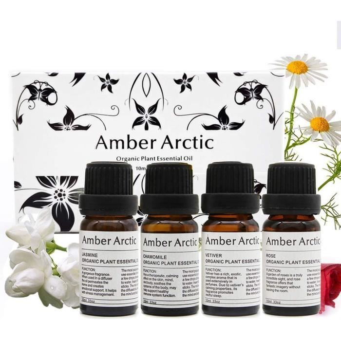 AMBER ARCTIC 4 Paquet 10ml ensemble d’huile essentielle, huiles essentielles d’aromathérapie (jasmin, vétiver, rose, camomille)