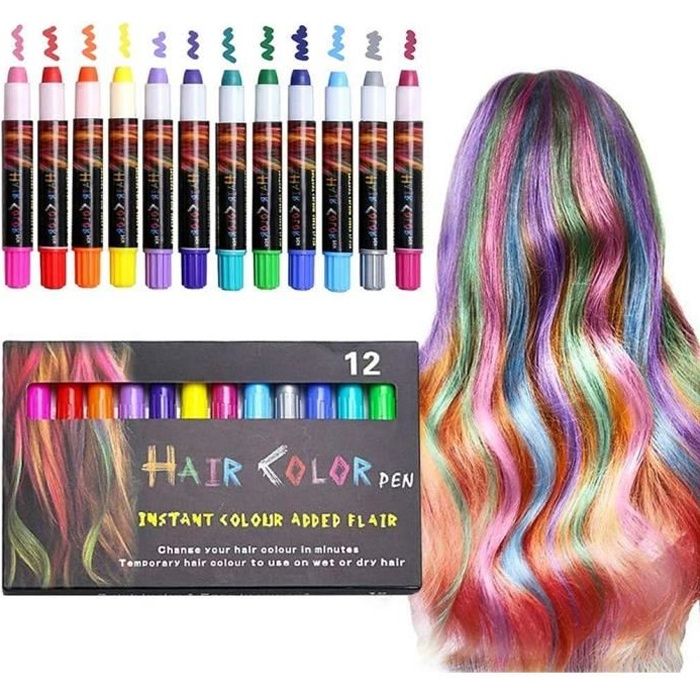 12 PCS Craie de Cheveux Colorée - DIY Crayons des Cheveux Coloration Temporaire lavable et Non Toxique
