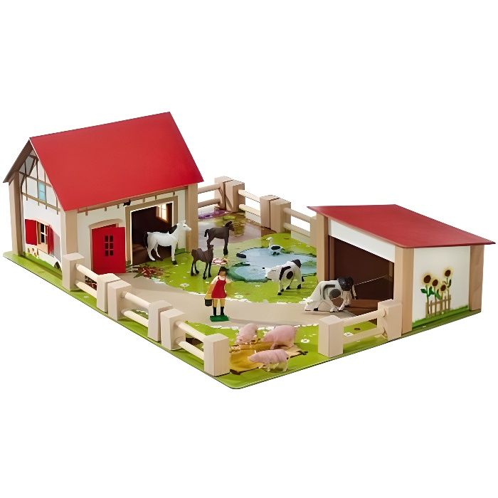 Ferme En Bois Garnie Avec 12 Accessoires 51 X 36 cm (Lxl)- Animaux - Personnage - Figurine