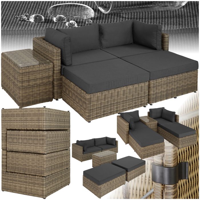 TECTAKE Canapé de jardin SAN DOMINO 4 Places modulable en Bain de soleil en Résine tressée et Aluminium Marron naturel