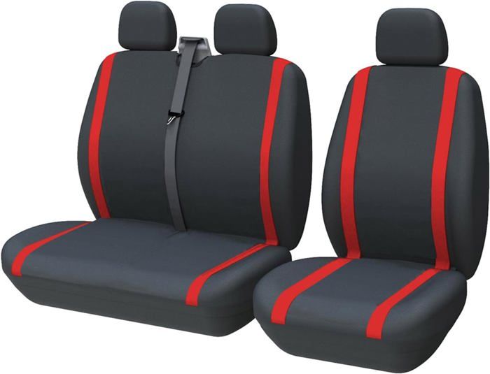 Lupex Shop - Housses de siège universelles pour fourgons 3 places, compatibles avec accoudoir, noires avec rayures rouges