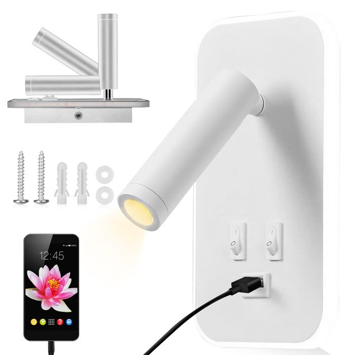 TTLIFE Liseuse de Chevet 3W+9W 3000K Fixation Murale Spot Rotatif Applique Murale LED avec Interrupteur et Port de Charge USB