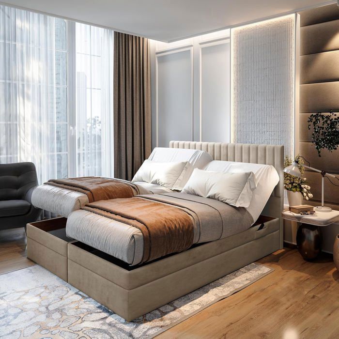 Lit adulte ADÈLE - ensemble matelas+sommier relaxation électrique - 140x200 cm - velours beige