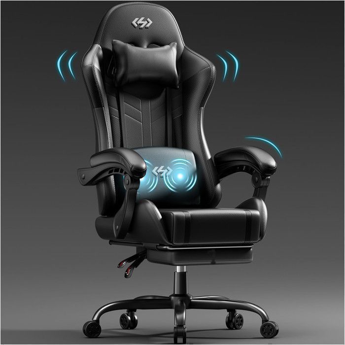 ECOFURNIX Chaise Gaming avec Coussin Lombaire Massant et Repose-Pieds Fauteuil ergonomique à ressorts ensachés Noir