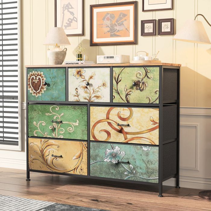 Commode Chambre Adulte Commode 7 Tiroirs Chiffonnier Meuble De Rangement Coiffeuse Bohème Meuble Tiroir 100x30x78cm