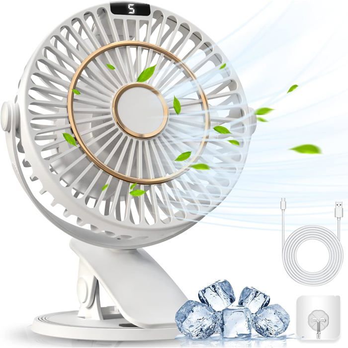Ventilateur à clipser rechargeable mini ventilateur de bureau USB silencieux avec écran LED 5 vitesses rotation à 720°