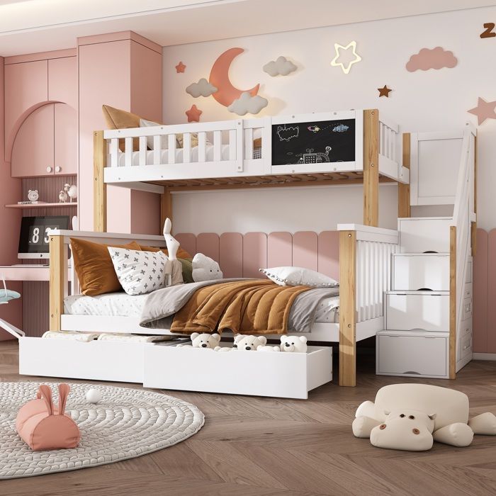 Lit Superposé 3 Places En Métal - 140x190 + 90x190 Cm, Blanc, Gain De Place Pour Chambre Enfant