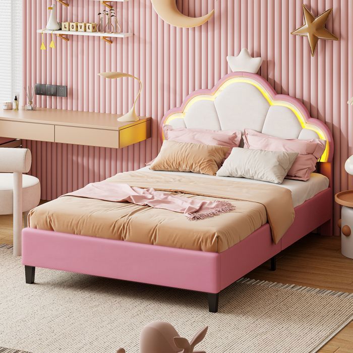 Lit double 140x190 cm - LUMINARIX - Couronne - LED intégrée - Velours rose - 2 places