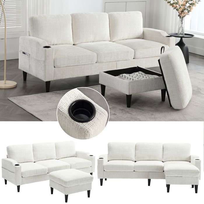 Canapé dangle convertible- 4 places -avec repose-pieds et rangement-en velours-196.5cm x 75cm x 77cm
