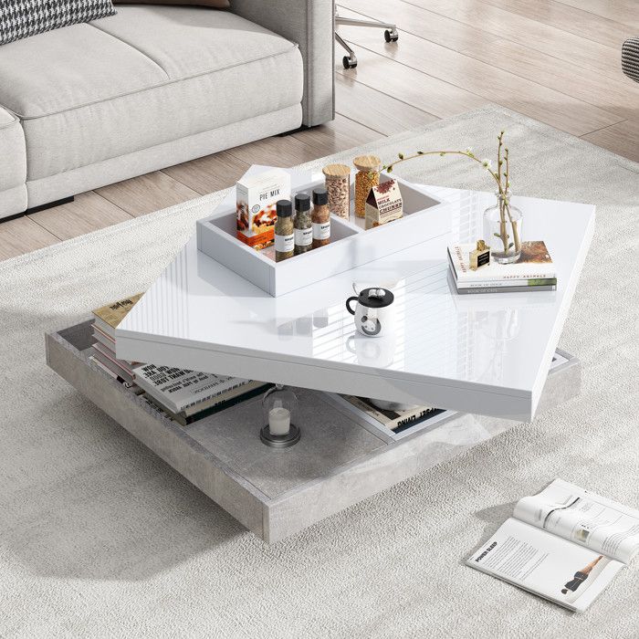 URBAN MEUBLE Table basse double plateau brillant pivotant à 360° en blanc et effet marbre grise clair 70*70cm URBAN MEUBLE Table basse double plateau brillant pivotant à 360° en blanc et effet marbre grise clair 70*70cm