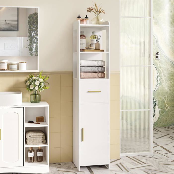 Meuble Colonne Salle de Bain Meuble de Rangement avec Une Porte Un Tiroir et Étagères Réglables30 × 30 × 1386 cm Blanc