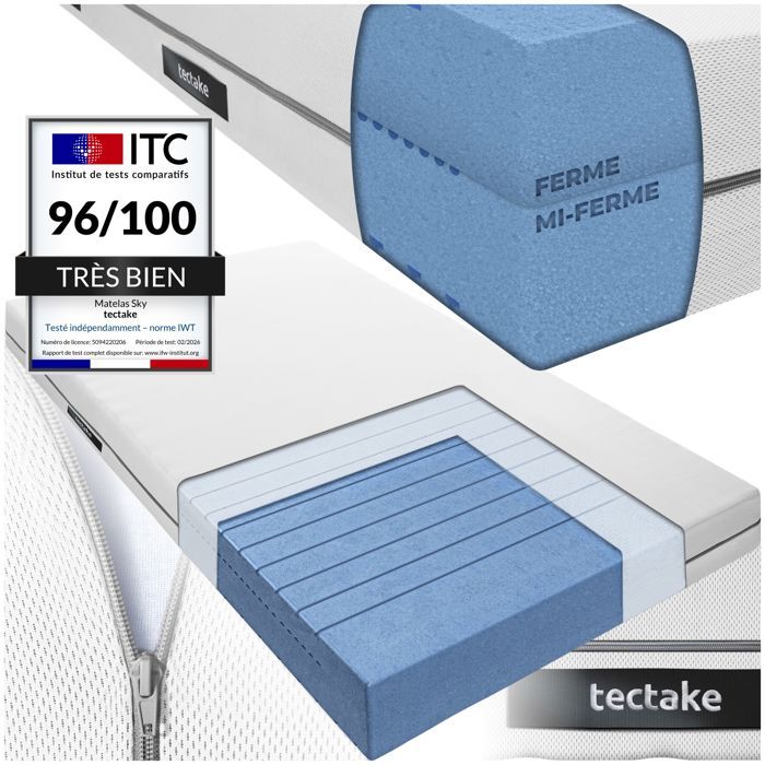 Matelas - TECTAKE - Matelas 2-en-1 SKY avec mousse de confort et 4 poignées latérales housse lavable 100 x 200 cm - Blanc