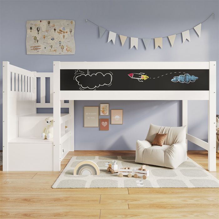 Lit enfant - Lit mezzanine avec armoire-échelle (gauche/droite) - 90x200 cm - Bois massif + MDF - Rangement & tableau réversible