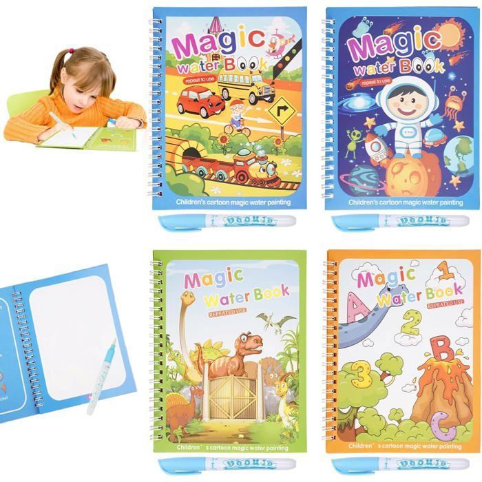 Lot De 4 Livres Magiques à L'eau – A5 Réutilisable – Avec 4 Pinceaux – Thèmes Dinosaures, Espace, Alphabet – Dès 3 Ans