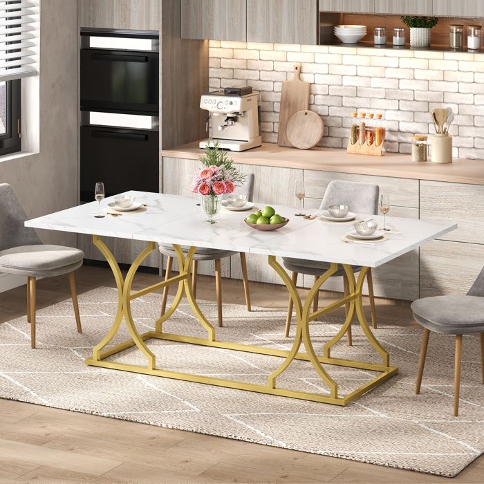 Table à manger moderne 200x80x76cm 8-10 personnes Design en marbre Structure en métal avec curseur réglable pour cuisine salon