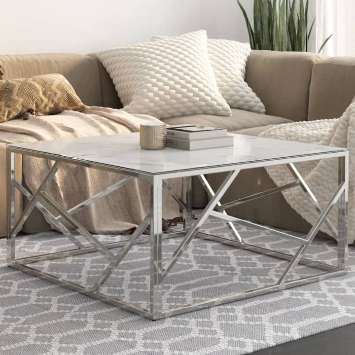 Table basse en verre trempé - VIDAXL - 80x80x40 cm - Argenté - Acier inoxydable - Verre trempé - Finition marbre blanc