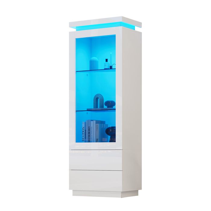 Vitrine haute en verre brillant avec éclairage LED avec 2 tiroirsvitrine sur piedmeuble de salon avec porte battante60×40×171