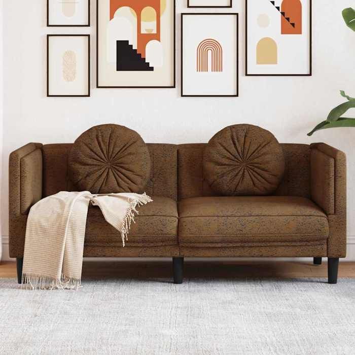 Canapé 2 places similicuir daim - vidaXL - 173.5x77x70 cm - Marron - Similicuir daim - Oreillers ronds inclus