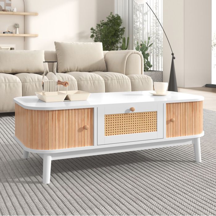 Maisentiel Table basse 110 x 55 x 38 5 cm blanche et bois tiroir rotin portes coulissantes