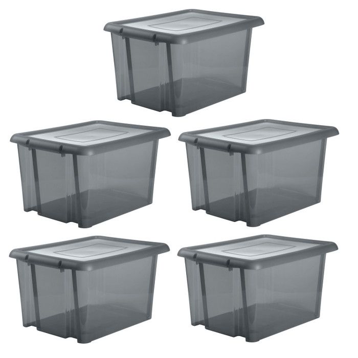 Lot de 5 Boites de rangement 80L solide à couvercle - Origine France - Gris Transparent