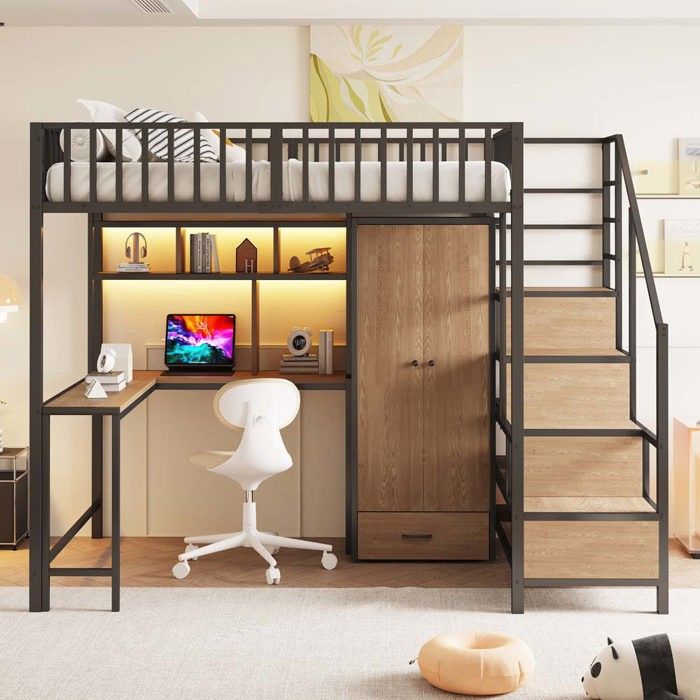 LIT MEZZANINE - 140 x 200 cm - armoire et tiroirs - bureau intégré - LED et ports USB
