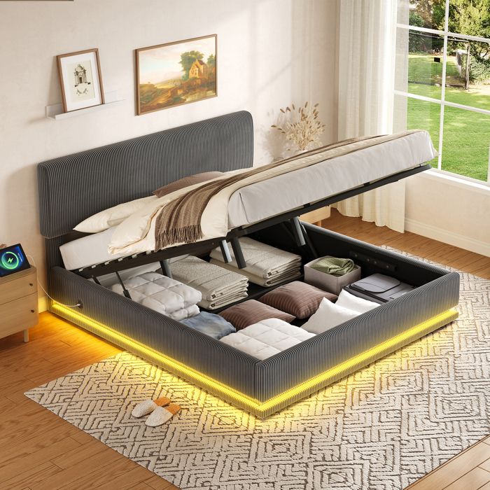 Lits Coffre 180x200 avec LED et port USB-C tête de lit réglable en hauteur Lit Double en velours côtelé avec sommier à lattes GRIS