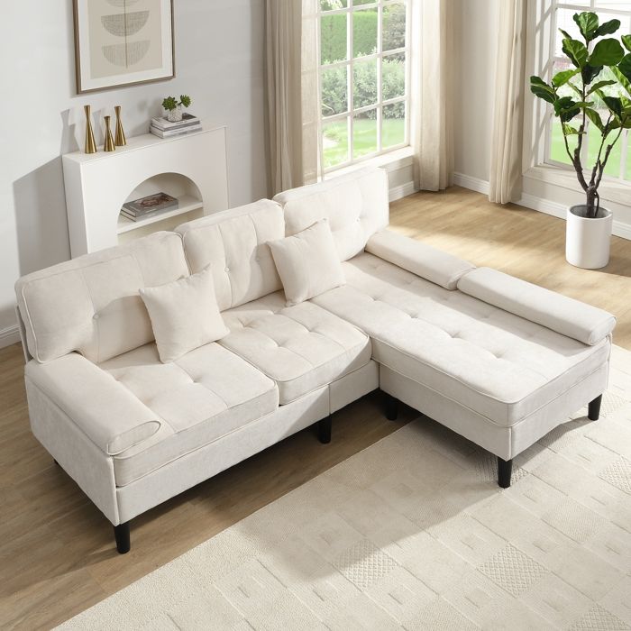 Canapé dAngle 3 Places en ChenilleForme LCanapé multifonctionnel Avec chaise longue et fonction litBeige