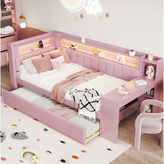 HOMVRA Lit enfant 90x200 cm lit simple avec USB et LED lit gigogne et bureau rose (sans matelas)