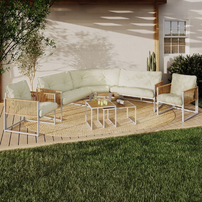IDMARKET Salon de jardin bas RIO 8 places salon dangle structure métal blanc et cordage effet rotin avec coussins beiges