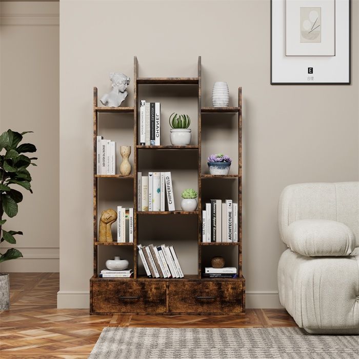 Bibliothèque Arbre Industrielle avec 2 Tiroirs - 86 x 25 x 140 cm - Étagère de Rangement 12 Niveaux - Marron Rustique