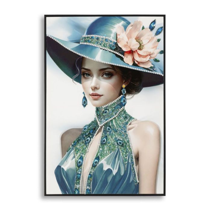 Tableau sur toile Pam B dame avec chapeau bleu et émeraudes 62x92 cm - Réf. VK8681847479826