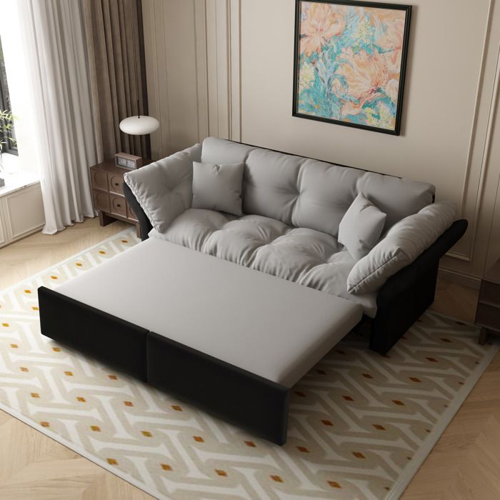 Canapé extensible 190 cm Queen-Size multifonction en velours lit 3-en-1 avec capitonnage et coussins gris clair