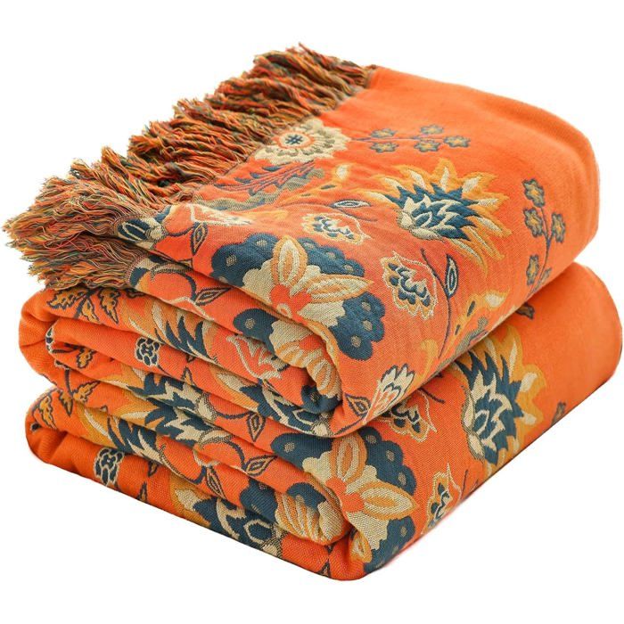 Plaid en Coton 150 x 200 cm – Doux Léger et Polyvalent pour Canapé Lit ou Fauteuil – Motif Floral Rustique – Style Champêtre – Ada