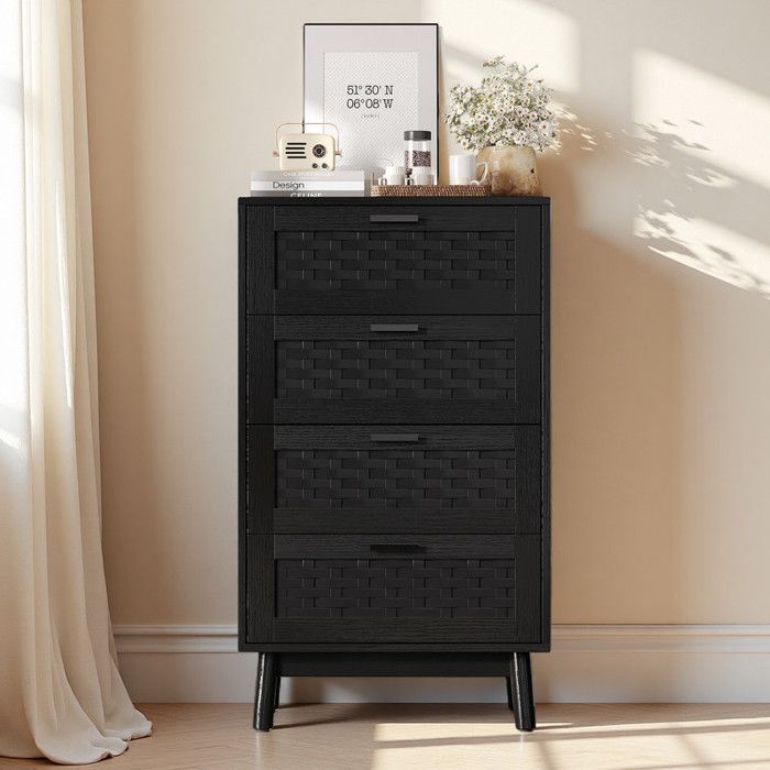 Commode rotin noir 4 tiroirs 55x40x95cm meuble rangement PVC cannage poignées noires – Bahut salon chambre style naturel