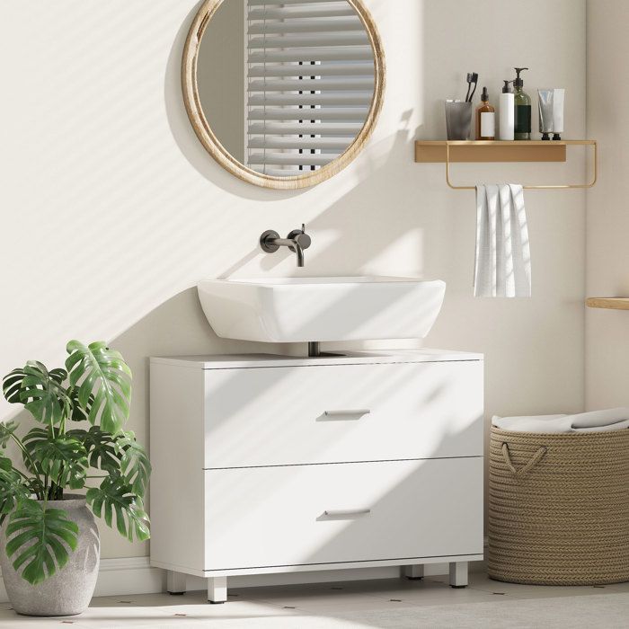 Meuble sous lavabo 2 tiroirs 80 x 30 x 60 cm blanc style moderne pour lavabo sans colonne