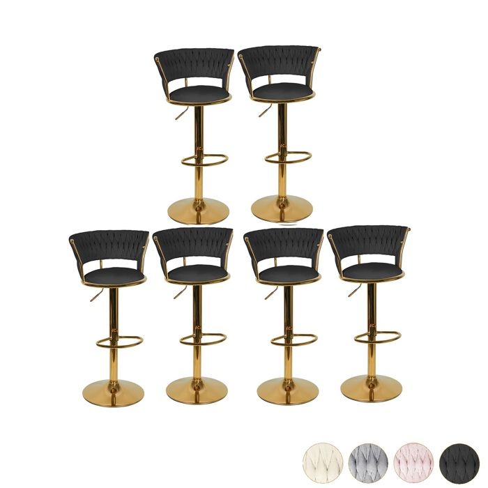 6PCS Noir tabouret de bar avec siège pour cuisine chambre Chaise de Bureau avec dossier Rotation 360° Hauteur réglable Pied doré