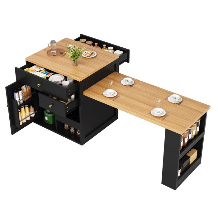 Noir Îlot cuisine multifonction plateau extensible 122 5-195 5cm rangement charge 60kg