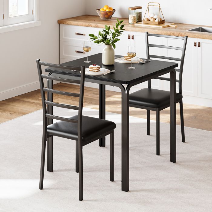Ensemble Table Carrée et 2 Chaises Rembourrées Noir - Structure métal plateau MDF Table de Cuisine 3 Pcs Compacte & Gain de Place