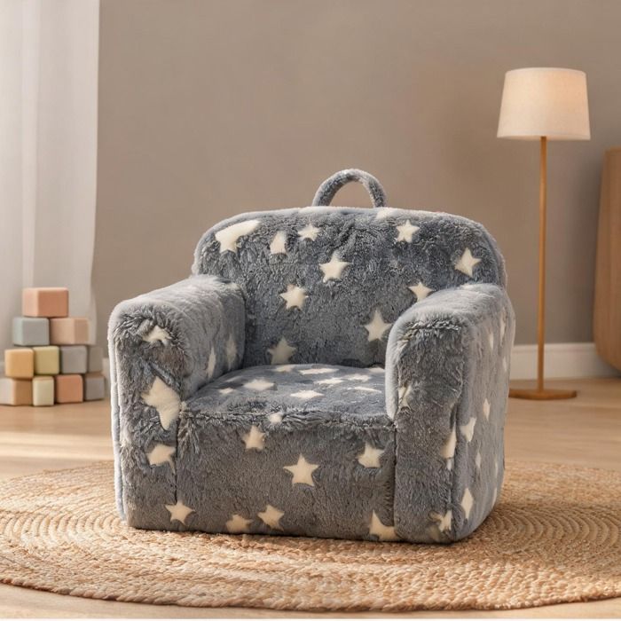 Fauteuil enfant étoiles gris-ton gris avec accoudoirs poches latérales et poignée de transport tissu et mousse