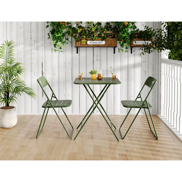 Ensemble bistrot pliant 3 pièces vert en acier avec e-coating table 60x60 cm et 2 chaises 2 personnes