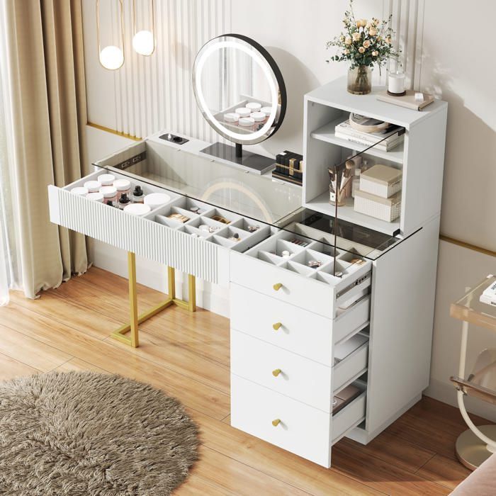 Coiffeuse blanche avec miroir LED 3 couleurs plateau en verre trempé 5 tiroirs et 1 placard meuble maquillage 120x40x120 cm