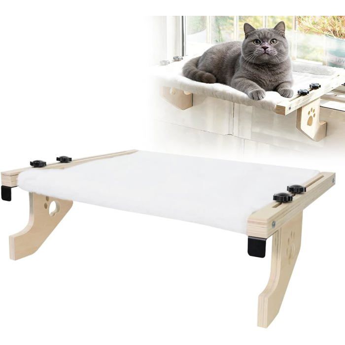 Hamac chat mural radiateur - Bois pin sans perçage 55x38x16.7 cm - Charge 20 kg - Coussin polyester-coton pour fenêtre balcon