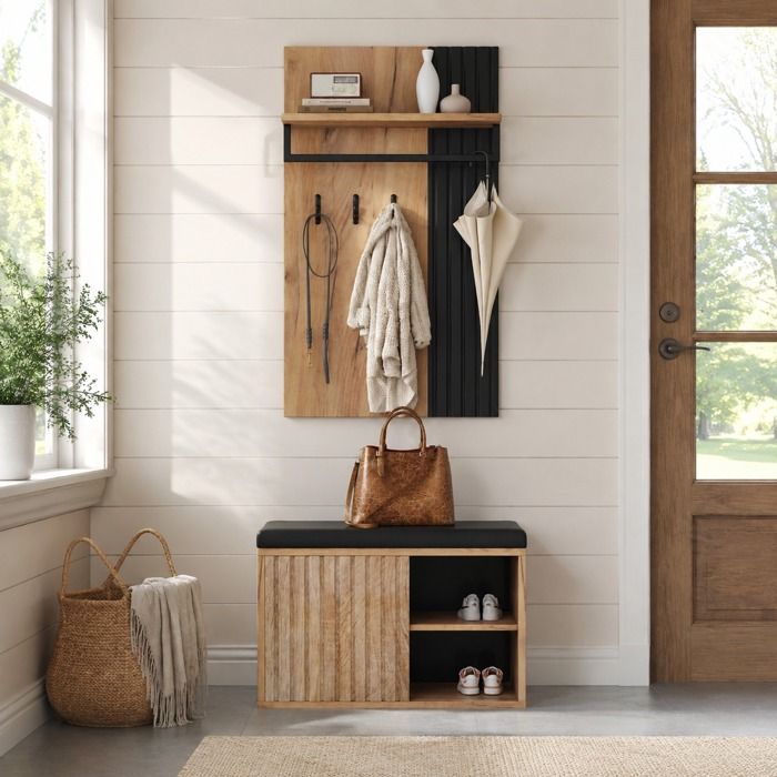 Meuble d’entrée vestiaire avec banc à chaussures 70x36x146 cm porte-manteau 3 crochets rangement noir naturel VEVXYN