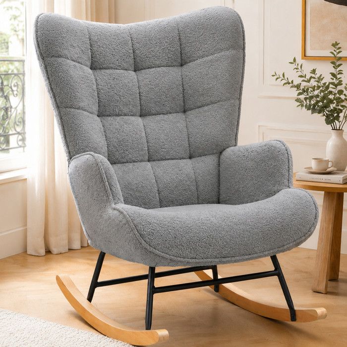 Fauteuil à bascule UTTQEW Rocking Chair avec Accoudoirs Tissu Teddy Fleece Scandinave Pour Salon Chambre Gris Foncé